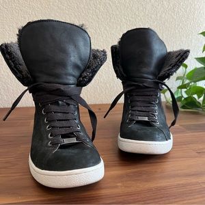 UGG Women's Starlyn Leather and Shearling High Top Sneakers Black, size 8.5